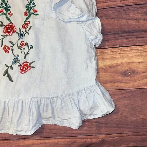 ZARA Embroidered Floral Ruffle Blouse - Light Blue Cotton - XS - Picture 5 of 10